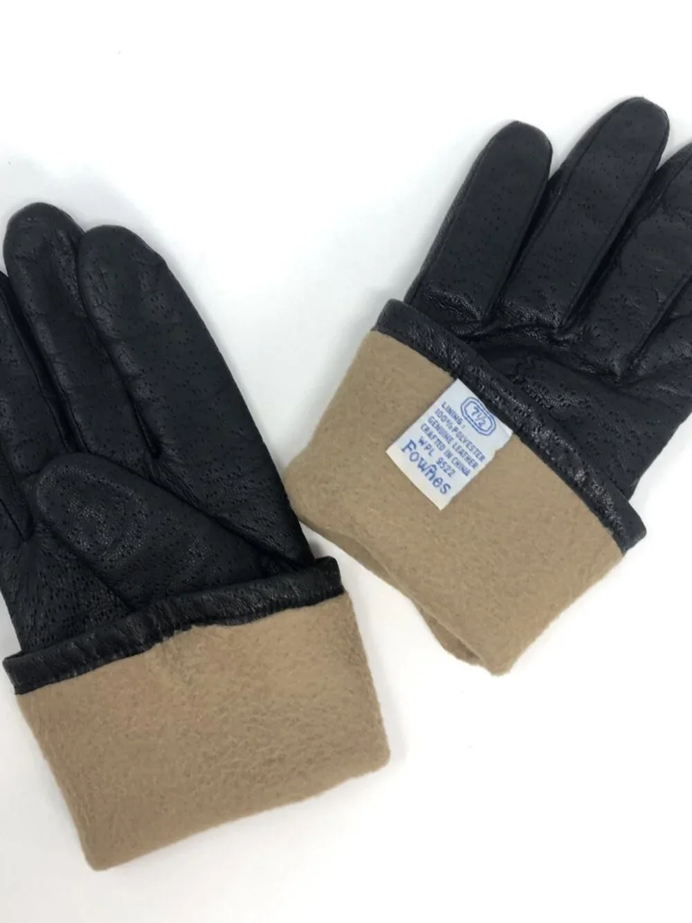 Fownes Gloves Womens 7.5 Medium Black Vintage Leather Fleece Lining Winter Warm*